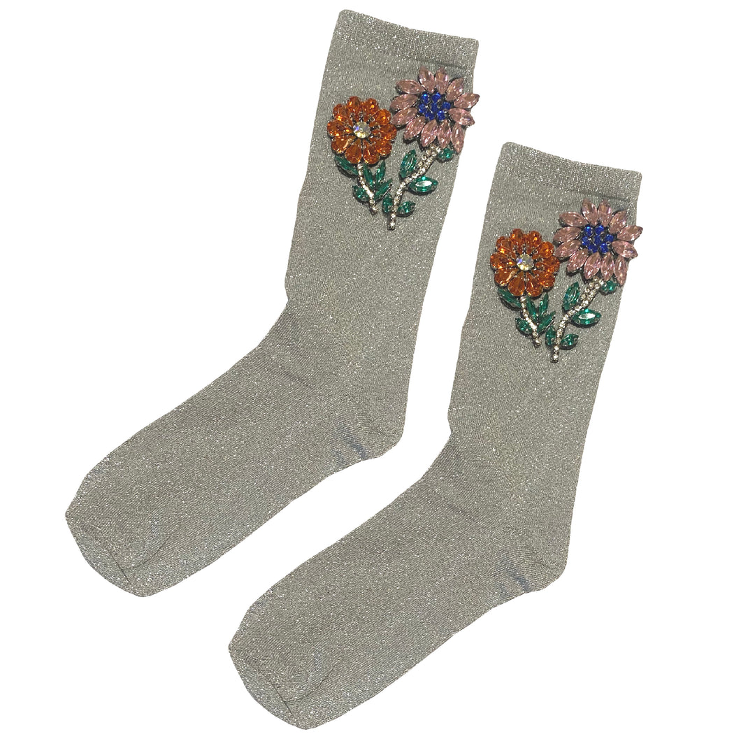 Sparkly Silver Floral Socks