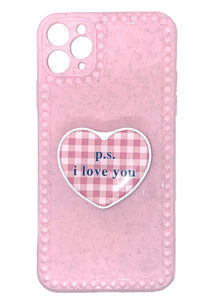 Pink heart phone case with Gingham Pop Socket