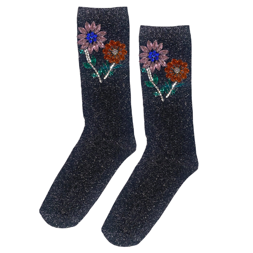 Sparkly Black Flower Socks
